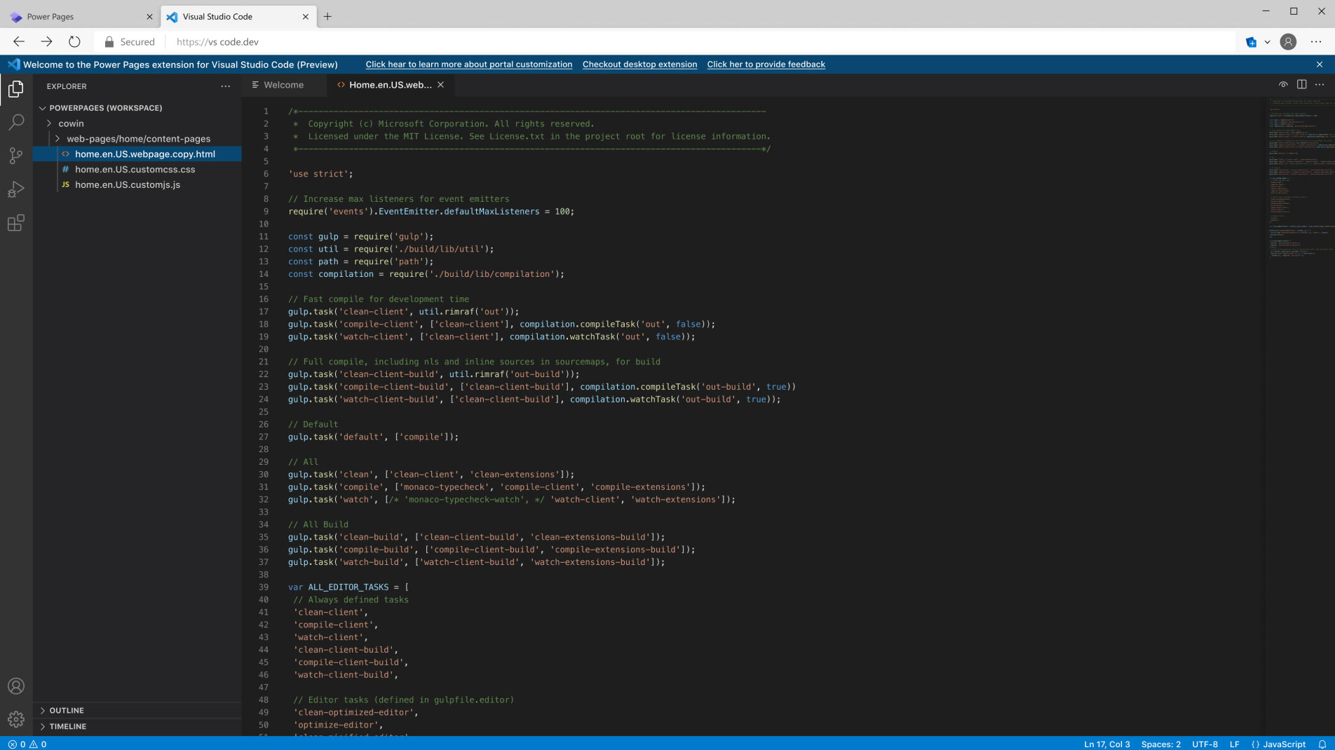 Visual Studio Code の拡張機能を含む Power Pages アプリ