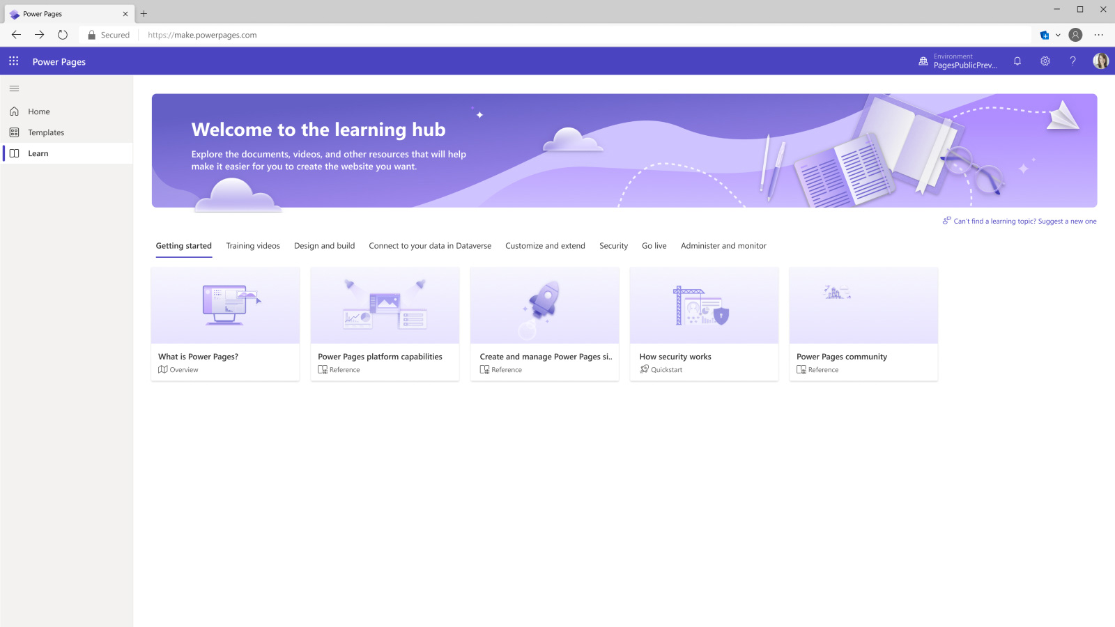 Aplicativo do Power Pages mostrando a seção de aprendizagem