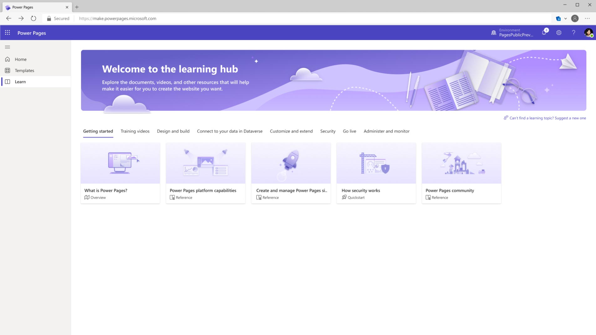 Portal do hub de aprendizado